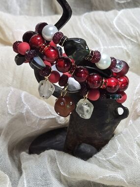 Set Of 3 Stacked Red, Black & White Handmade Beaded Stretchy Bracelets